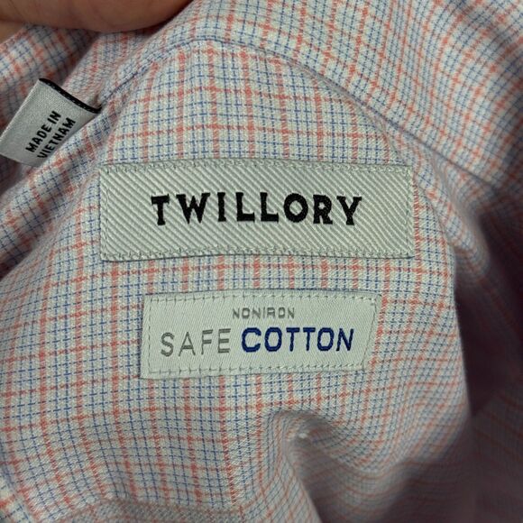 Twillory Dress Shirt Mens 18 34/35 Blue Orange Check Tailored Fit Safe Cotton - Picture 5 of 14
